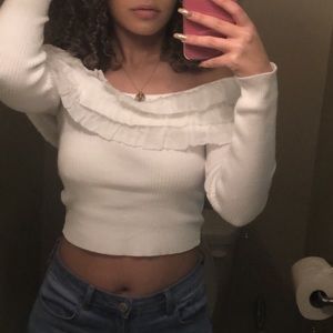 White Ruffled Long Sleeve Crop Top
